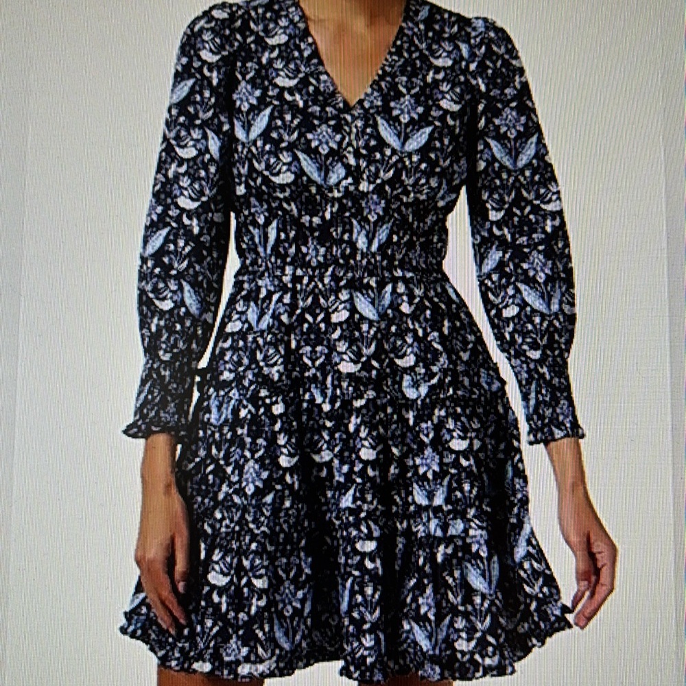 NWT Sail to Sable Navy Batik Long Sleeved Smocked Waist Dress